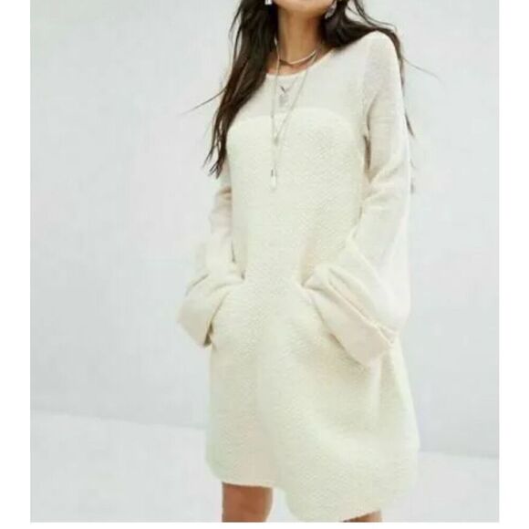 FREE PEOPLE white Rabbit Bell Sleeve A Line Wool/alpaca Zipper Sweater Dress S - Picture 3 of 11